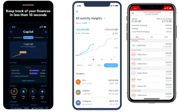 Screenshots of a typical budgeting solutions from Copilot, Wise and Santander